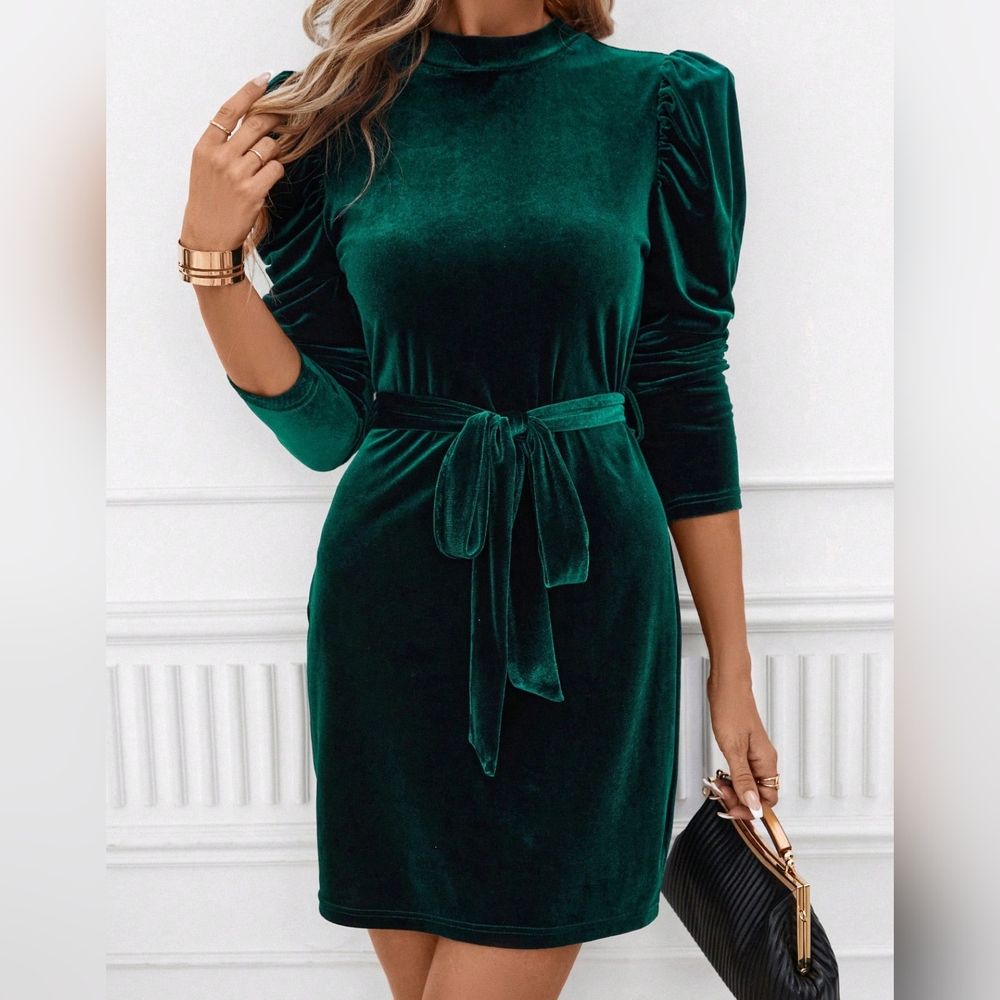 Mock Neck Puff Sleeve Belted Velvet Dress - Picture 1 of 5